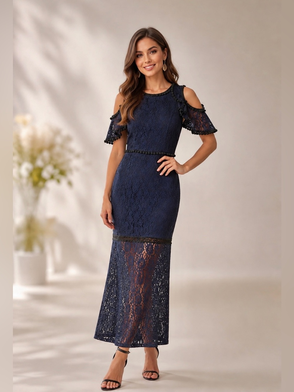 Symphony Navy Blue Lace Cold-Shoulder Maxi Dress size small